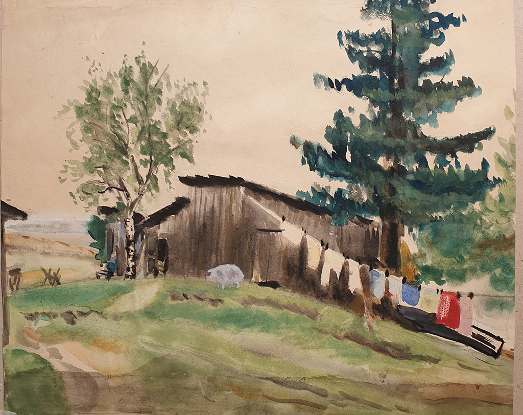 Landschaftsbild, gemalt in einem Fischerdorf, Papier, Aquarell, die Fünfziger Jahre