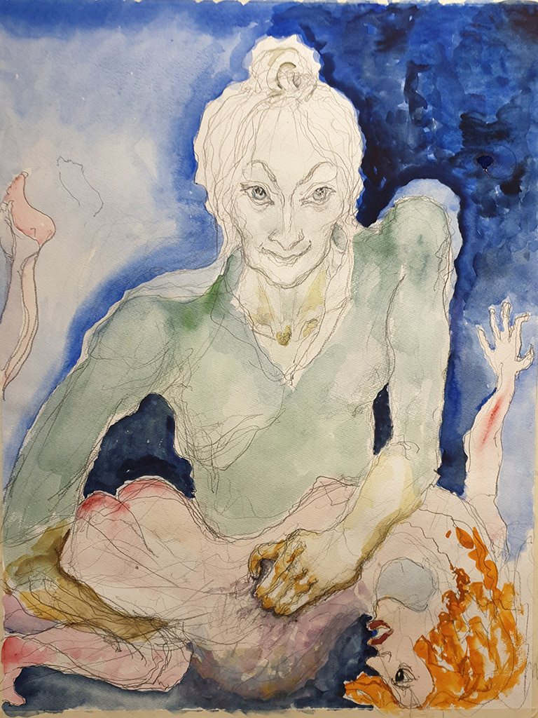 „Massage“, Bleistift  und Aquarell auf Papier 65 x 50 cm, 2019, Malerin Nina Werzhbinskaja-Rabinowich