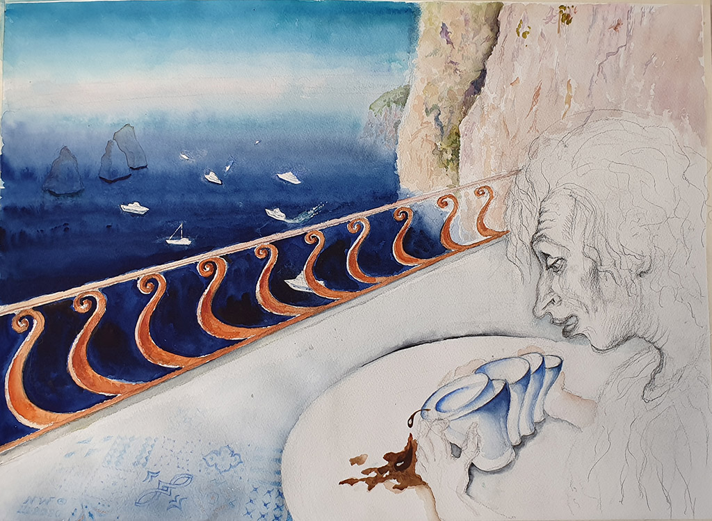 „Zitterpartie for one“, Bleistift  und Aquarell auf Papier 60 x 80 cm, 2020, Malerin Nina Werzhbinskaja-Rabinowich