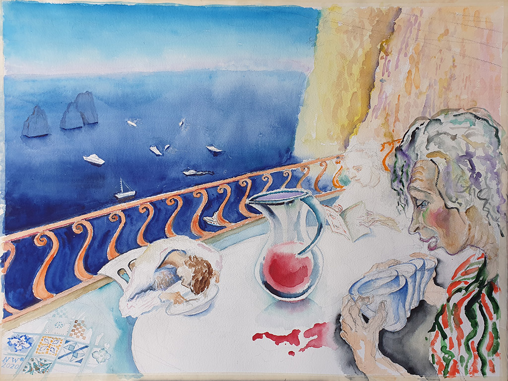 “Trembling party” (nail-biting) 2020, paper, watercolor, pencil, 80x60cm, Nina Werzhbinskaja-Rabinowich