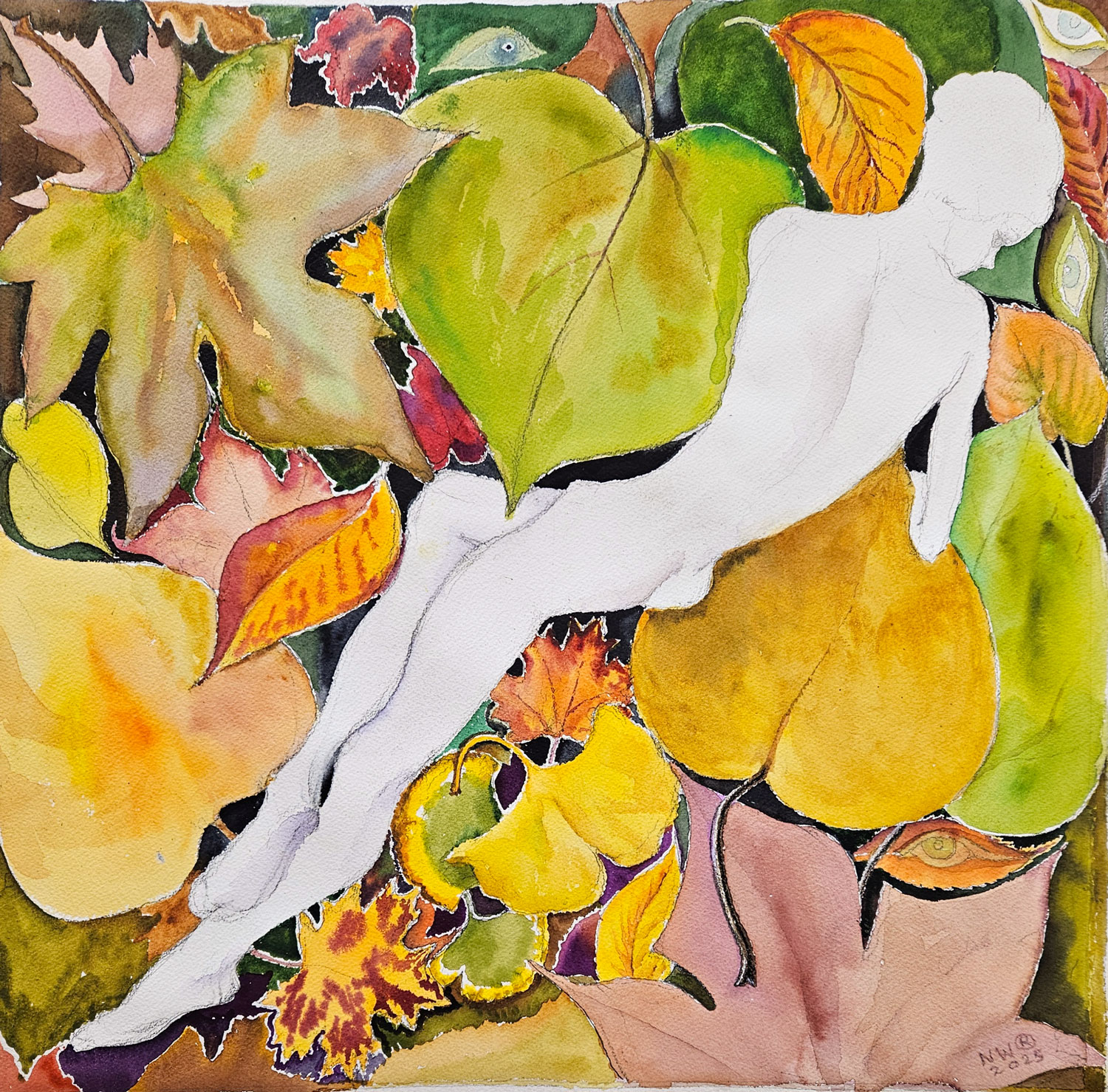 „Die Feigenblätter fallen wie von weit. Rilke reloaded“. Aquarell, 70x70 cm, 2025,  Malerin Nina Werzhbinskaja-Rabinowich