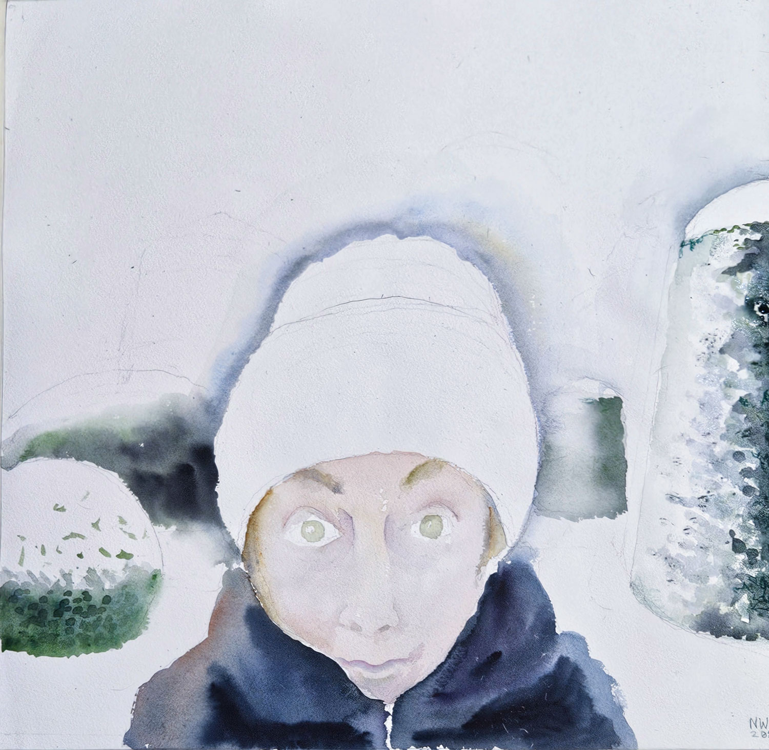 „NinaWR zwischen NHM und KHM“. Aquarell, 60x60 cm, 2026, Malerin Nina Werzhbinskaja-Rabinowich