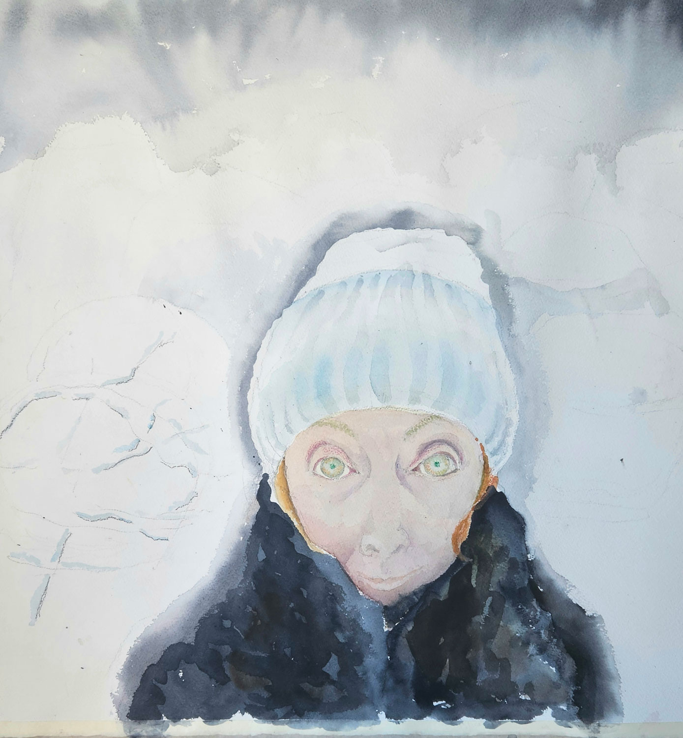 „Schnee von  gestern“. Aquarell, 60x60 cm, 2026, Malerin Nina Werzhbinskaja-Rabinowich