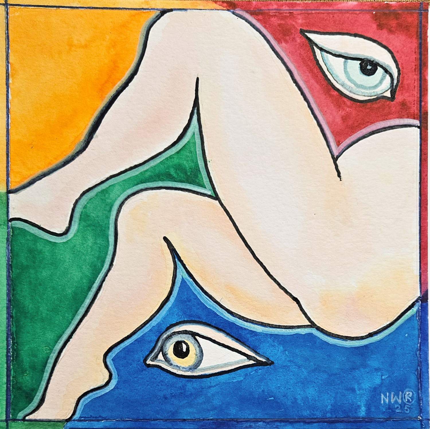 „Susanna in Bade“. Aquarell, 30x30 cm, 2025, Malerin Nina Werzhbinskaja-Rabinowich